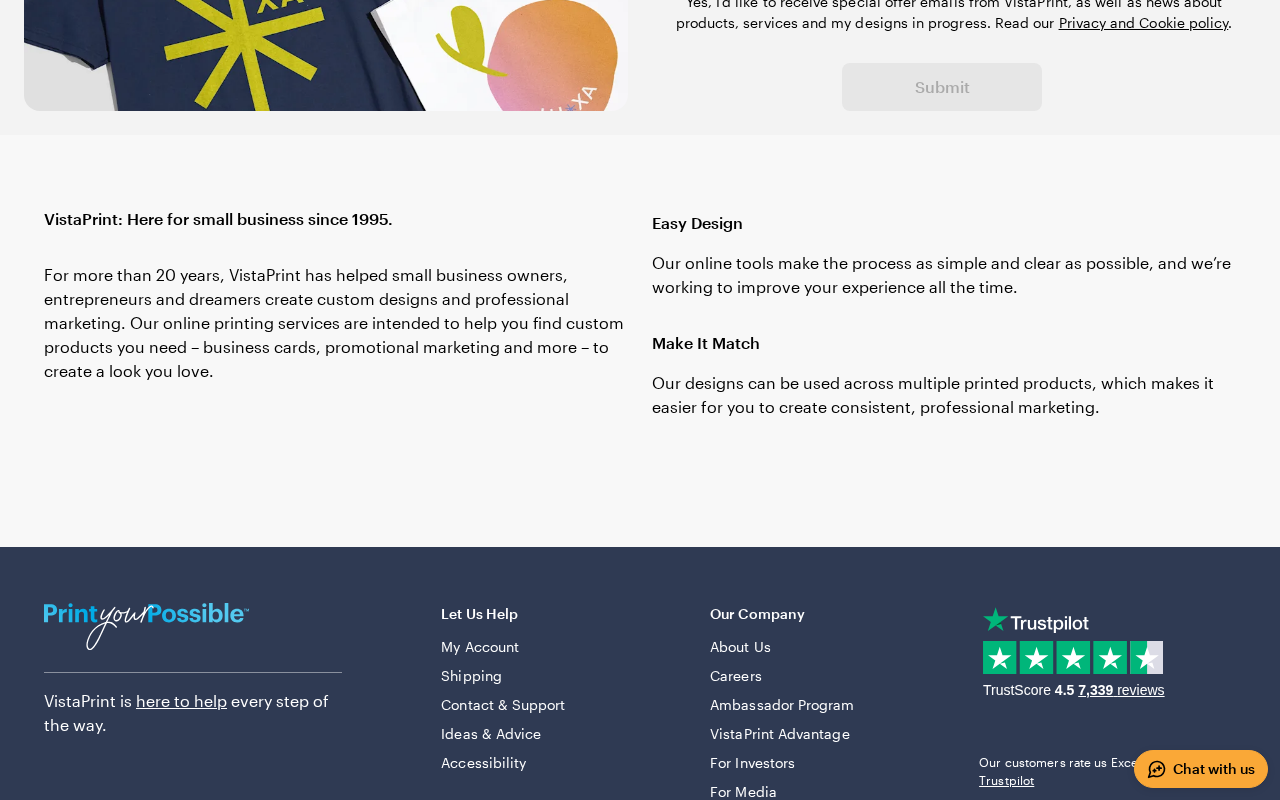 Vistaprint Home Page screenshot